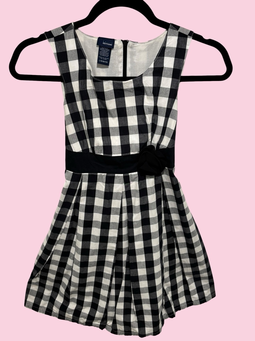 Basic Editions Black and White Gingham Dress with Waist Bow Lg 10/12